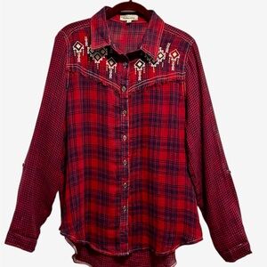 Southern Stitch Plaid Button Down Long Sleeve With Embroidery Medium